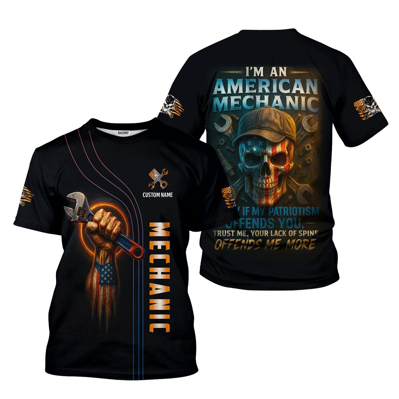 Blisscorners Personalized Mechanic Shirt, I'm An American Mechanic, USA Flag Skull Design, Gift For Men
