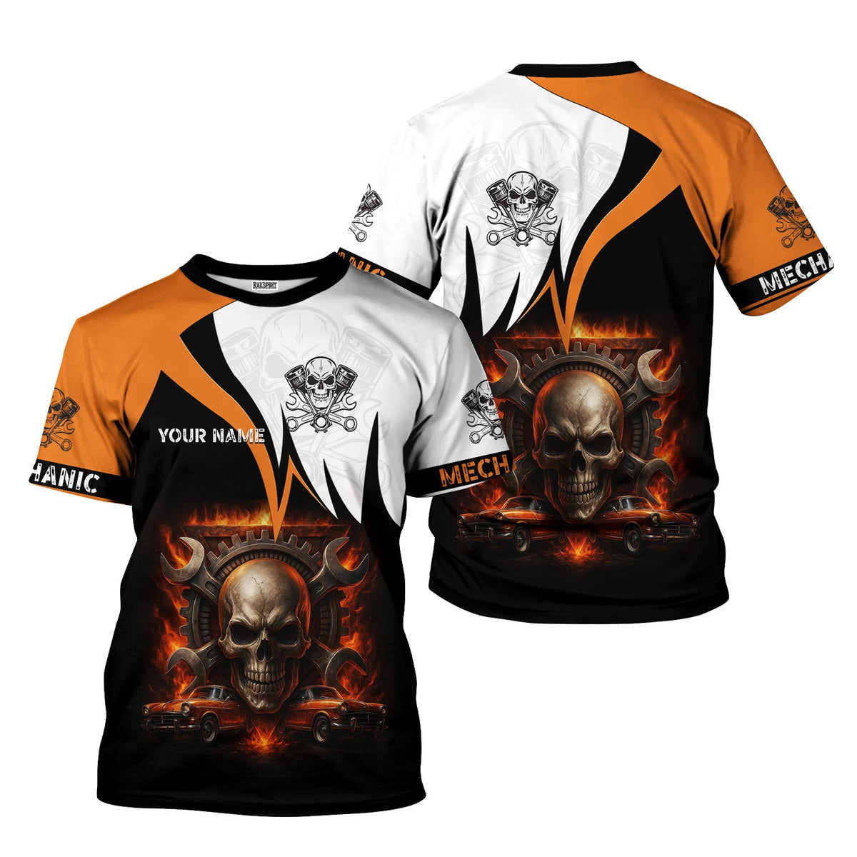 Blisscorners Custom Name Mechanic Shirt Flame Skull Wrench Gear Vintage Car Design T Shirt
