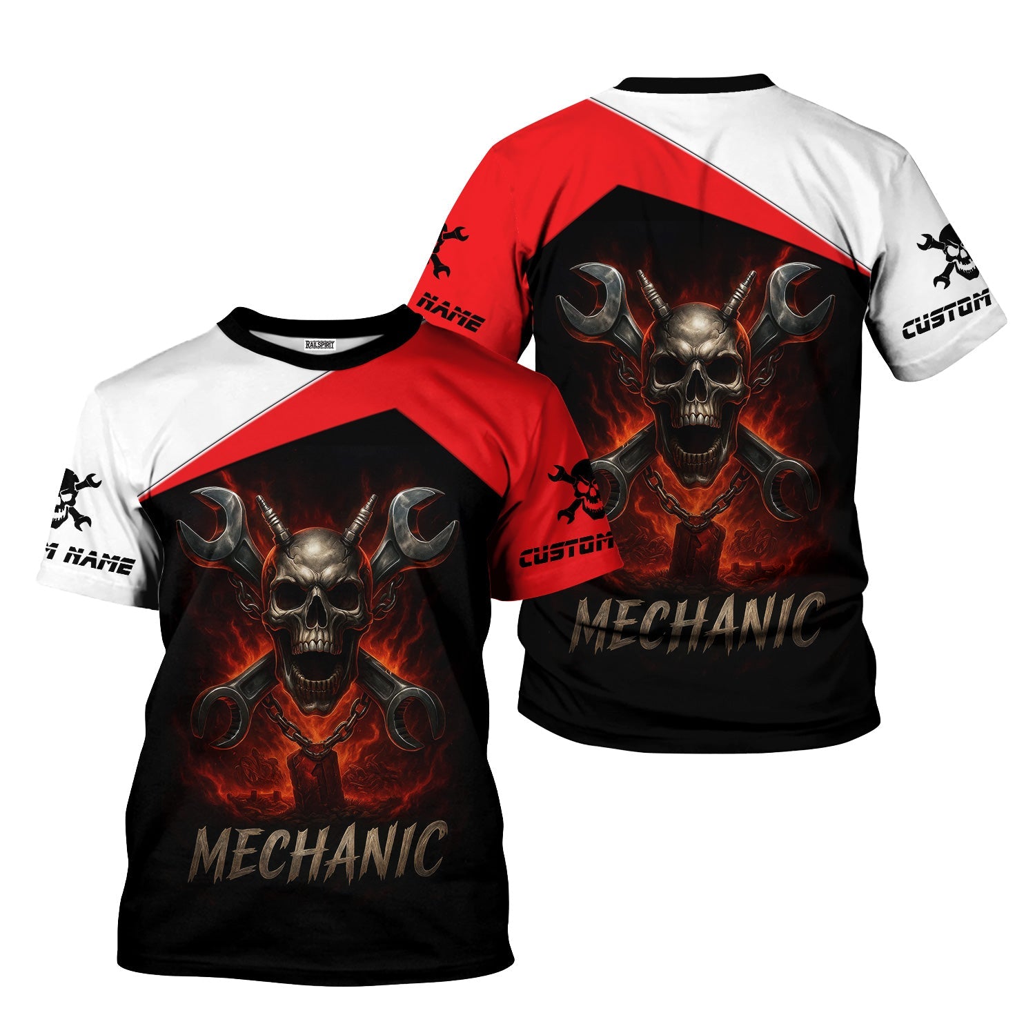 Blisscorners Custom Name Mechanic Shirt Wrench Flame Skull Design T Shirt