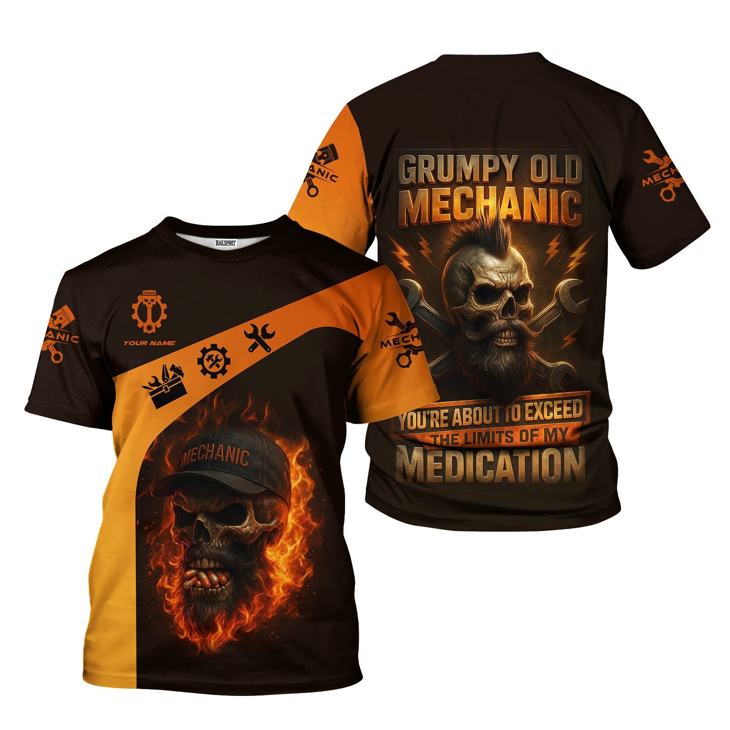 Blisscorners Personalized T-Shirt Grumpy Old Mechanic You're About To Exceed The Limits Of My Medication Flame Skull Design Shirt
