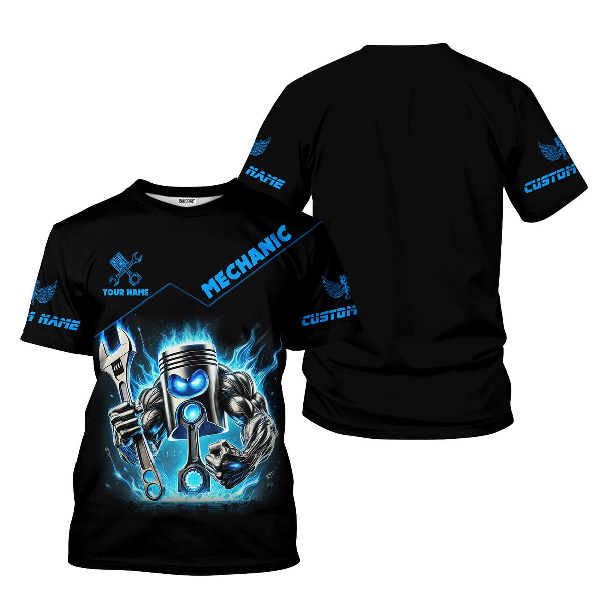 Blisscorners Custom Name Mechanic Shirt Blue Flame Muscle Engine Piston Holding Wrench T Shirt