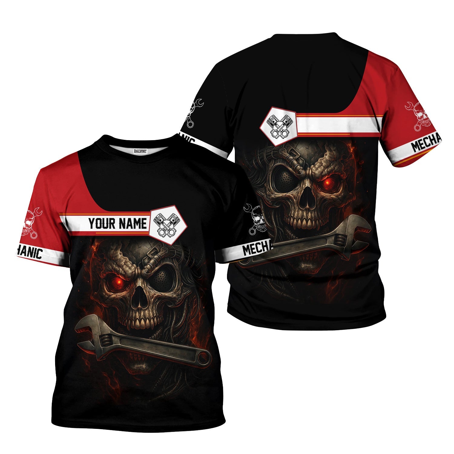 Blisscorners Custom Name Mechanic Shirt Cyber Skull with Wrench Design T Shirt