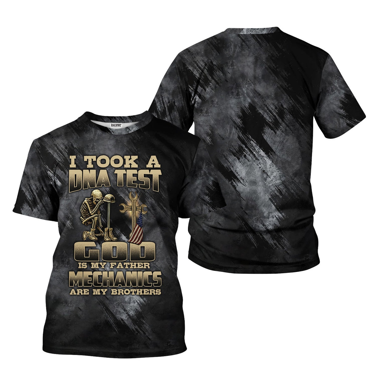 Blisscorners Mechanic T-Shirt, DNA Test Quote, God Father, Mechanics Brother, Funny Skeleton & Cross Design, Unique Gift for Mechanics & Fathers