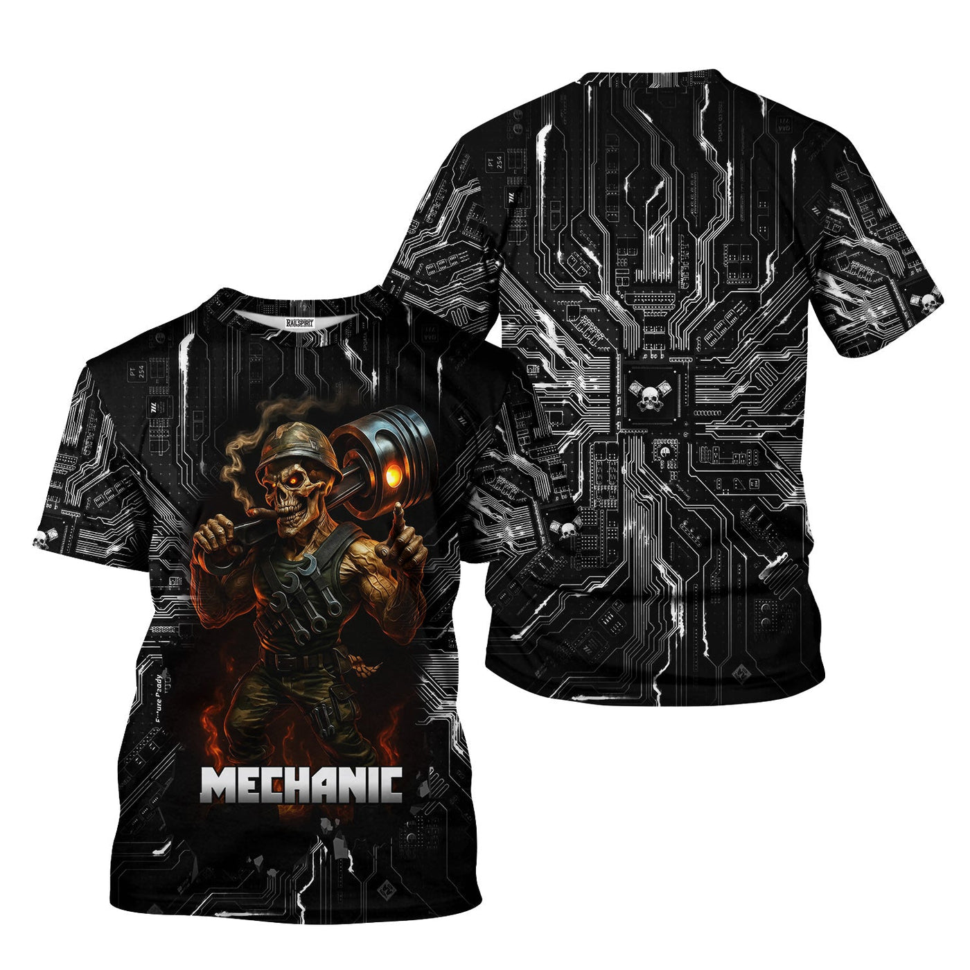 Blisscorners Mechanic Shirt Soldier Skull Holding Giant Engine Piston Design T Shirt All Over Printed