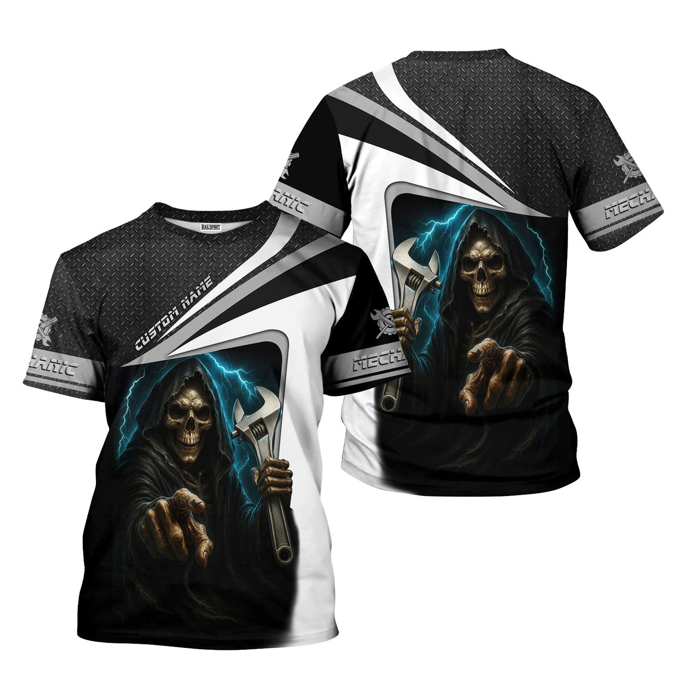 Blisscorners Custom Name Mechanic Shirt Grim Reaper Holding Wrench with Thunder Design T Shirt