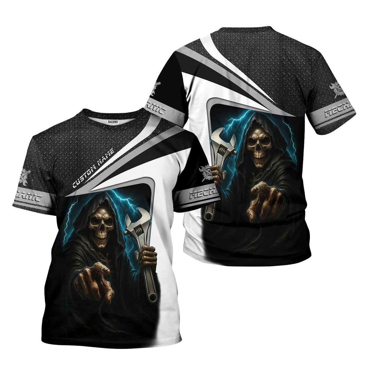 Blisscorners Custom Name Mechanic Shirt Grim Reaper Holding Wrench with Thunder Design T Shirt