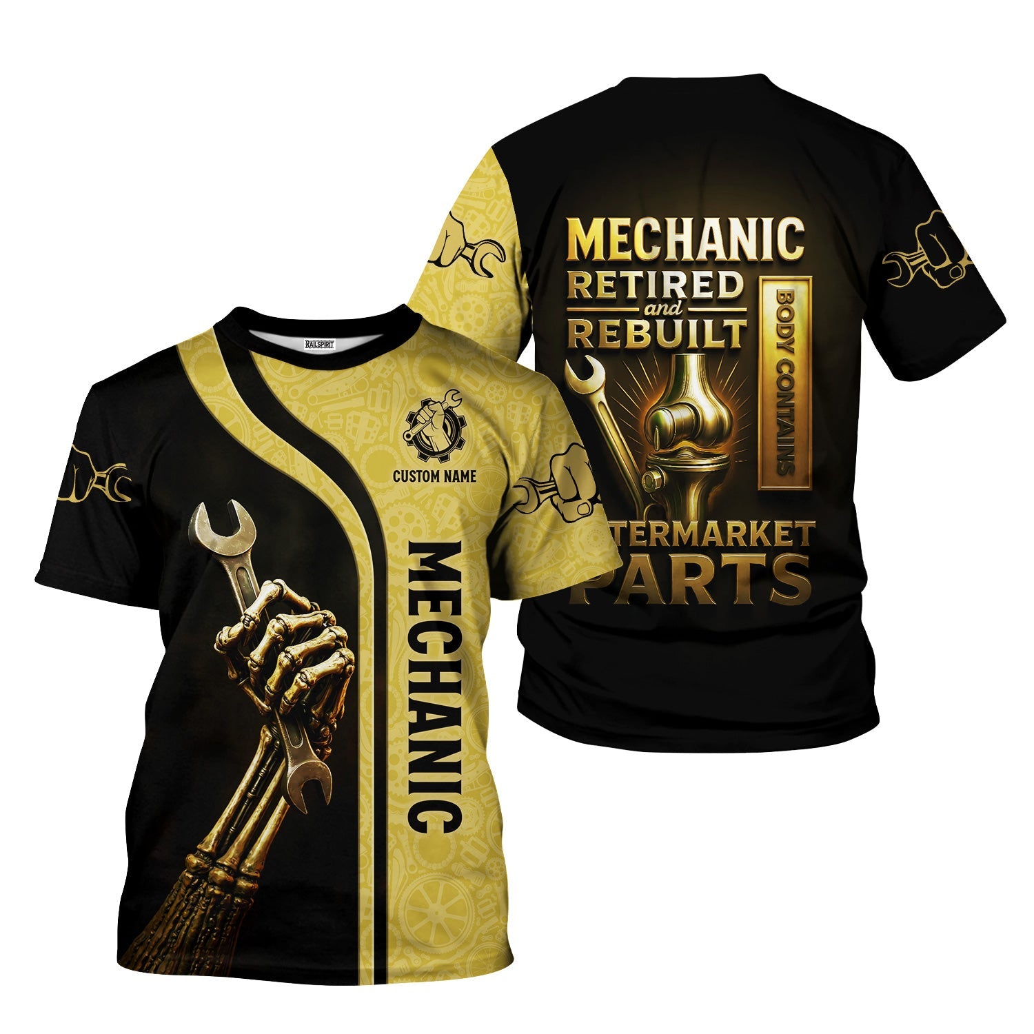 Blisscorners Personalized T-Shirt Mechanic Retired And Rebuilt Body Contains Aftermarket Parts Bony Hand Design Shirt