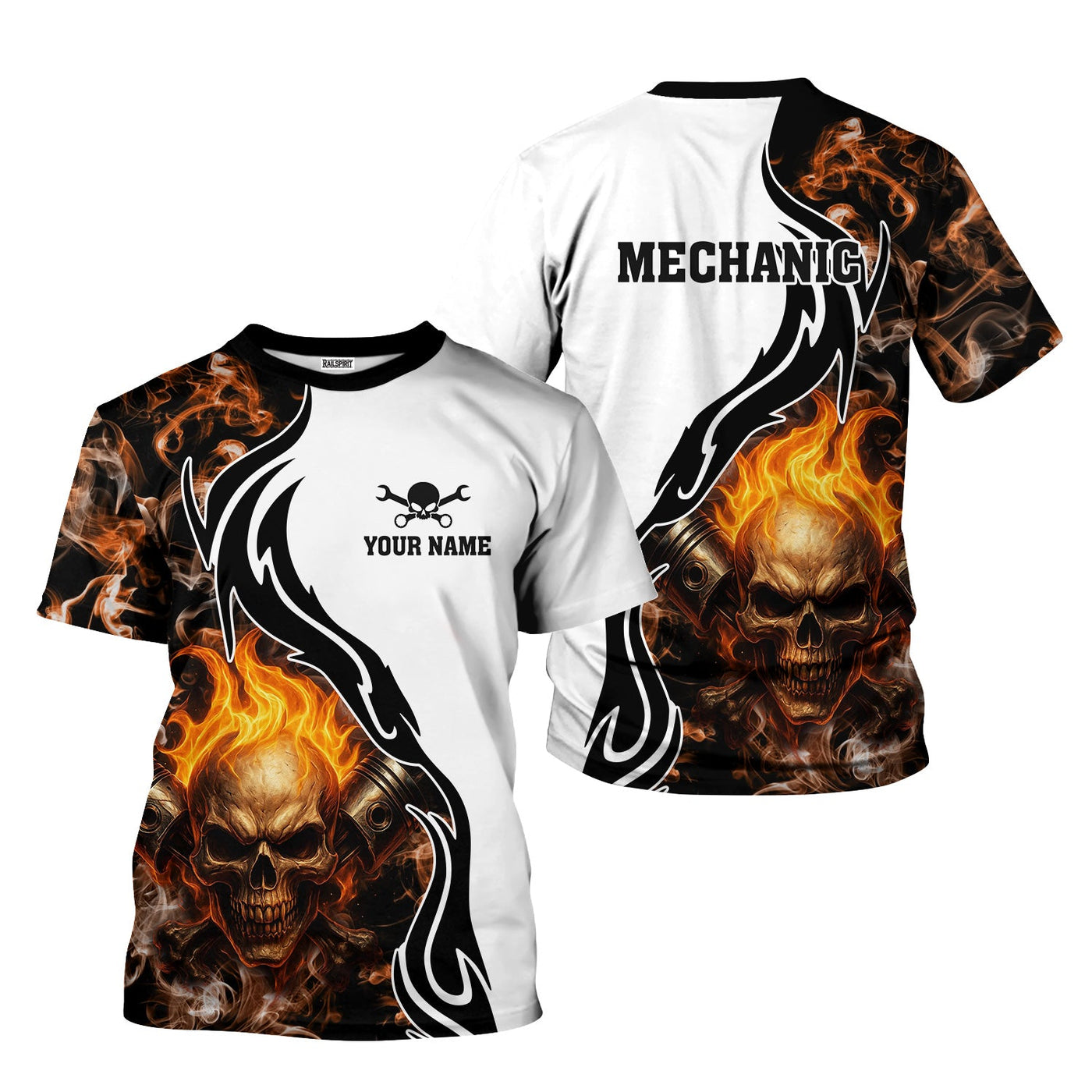 Blisscorners Personalized Mechanic Shirt, Skull Engine Piston Flame Design, Mechanic Uniforms, Gift For Men