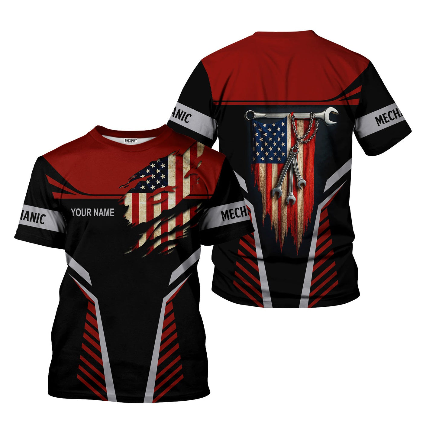 Blisscorners Personalized Mechanic Shirt, Wrenches and America Flag Design, Mechanic Uniforms, Gift For Men