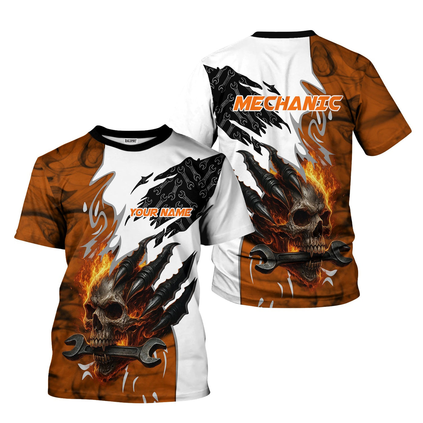 Blisscorners Personalized Mechanic Shirt, Skull Wrench Flame Claw Design, Mechanic Uniforms, Gift For Men