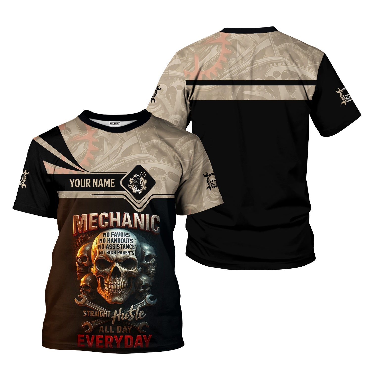 Blisscorners Personalized Mechanic Shirt, Straight Hustle All Day Everyday, Skull and Wrenchs Design, Gift For Men