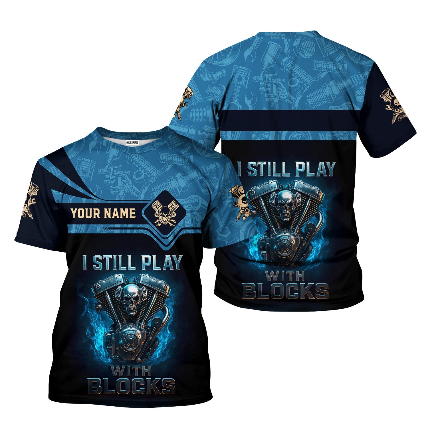 Blisscorners Personalized T-Shirt I Still Play With Blocks Flame Engine Skull Design Shirt for Mechanics