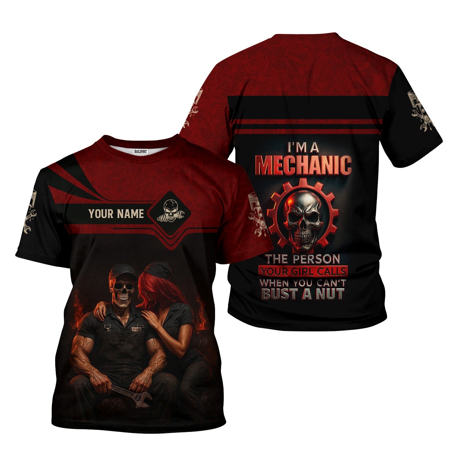 Blisscorners Personalized T-Shirt I'm A Mechanic The Person Your Girl Calls When You Can't Bust A Nut Skull Style Shirt For Mechanics