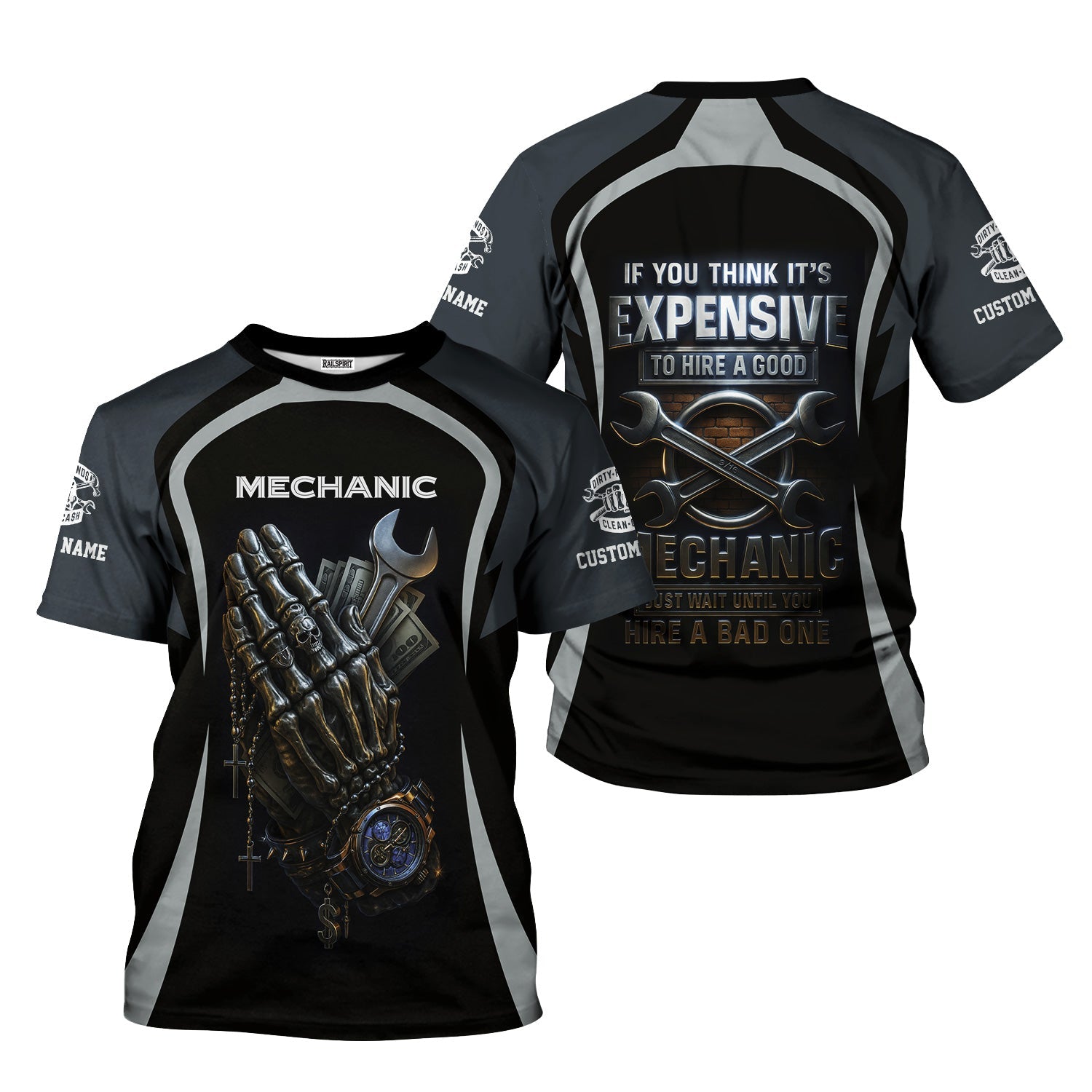 Blisscorners Personalized T-Shirt Just Wait Until You Hire A Bad Mechanic Skull Praying Hand Design Shirt For Mechanics