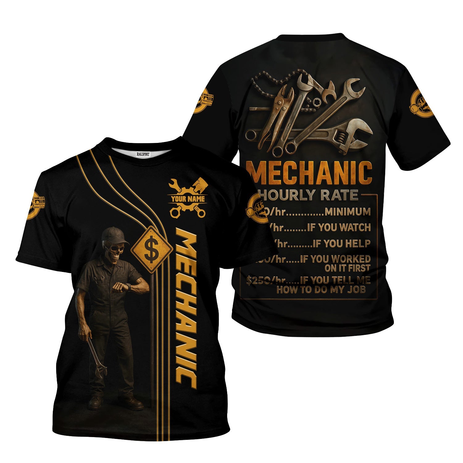 Blisscorners Personalized T-Shirt Mechanic Hourly Rate Skull Looking Watch Design Shirt for Mechanics