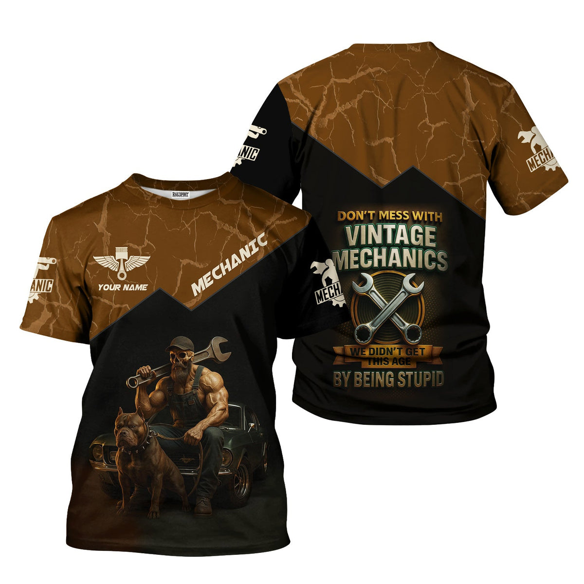 Blisscorners Personalized T-Shirt Don't Mess With Vintage Mechanics Skull with Dog and Classic Car Design Shirt For Mechanics