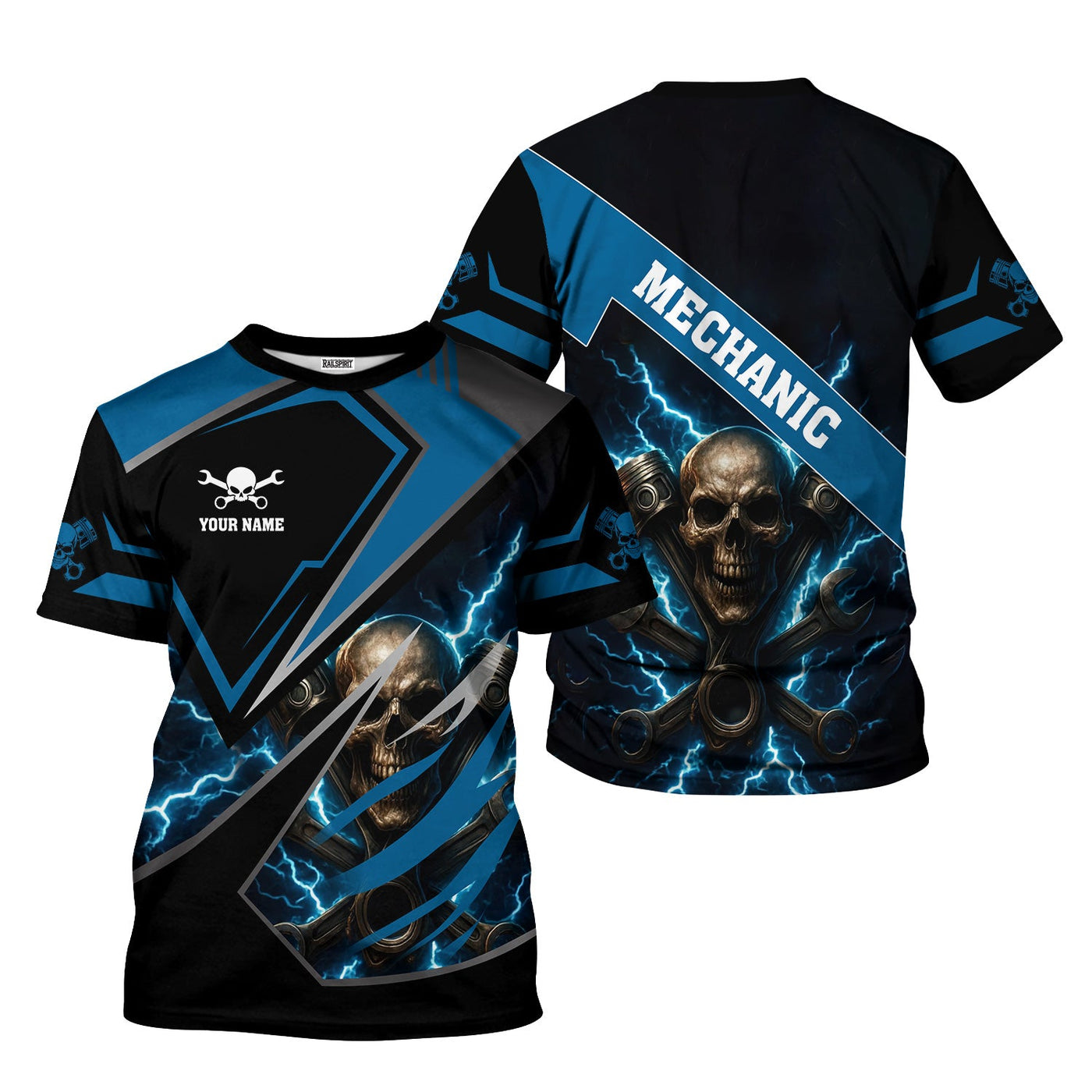 Blisscorners Personalized Mechanic Shirt, Skull Engine Piston Wrench Lighting Design, Mechanic Uniforms, Gift For Men