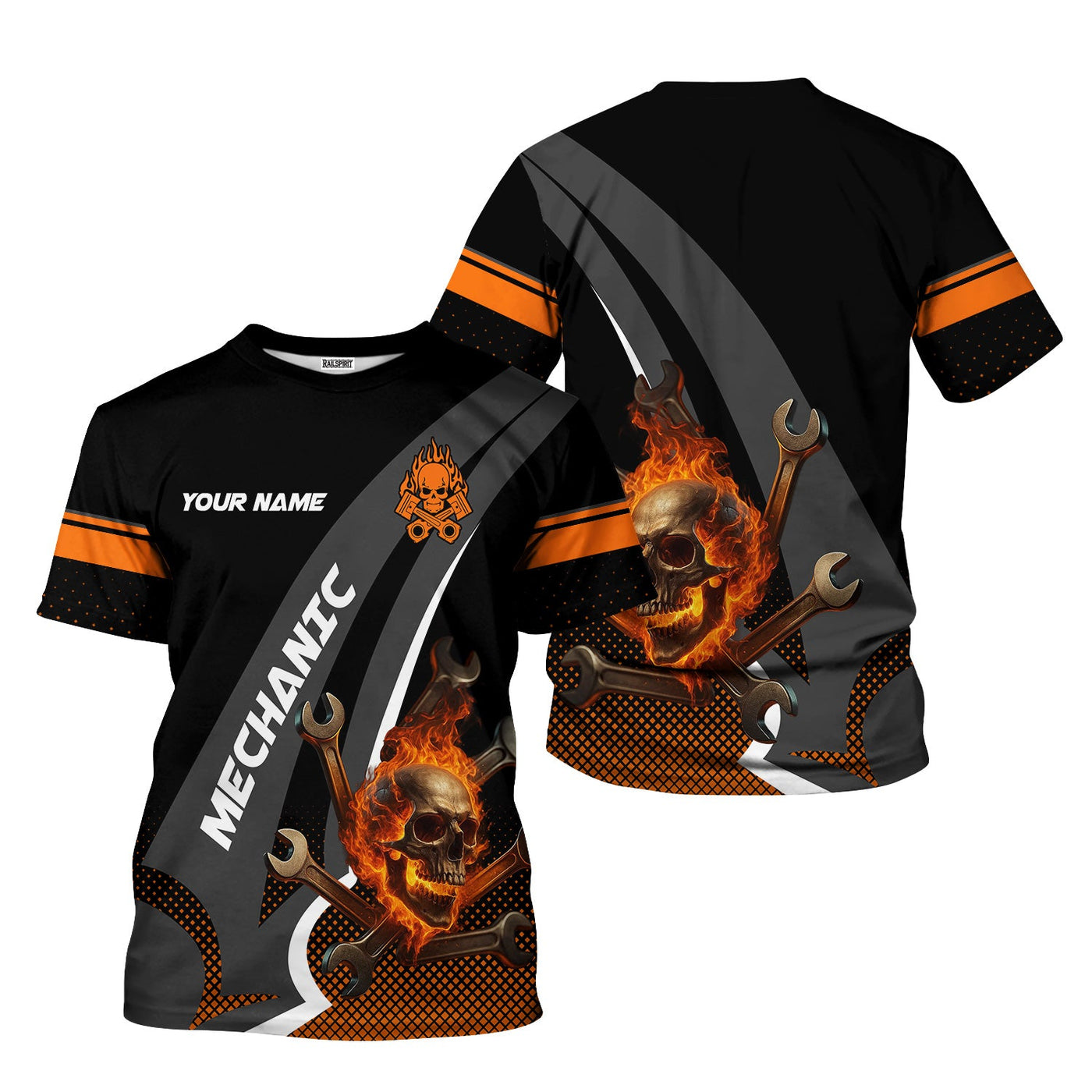 Blisscorners Personalized Mechanic Shirt, Skull Wrenches Flame Design, Mechanic Uniforms, Gift For Men