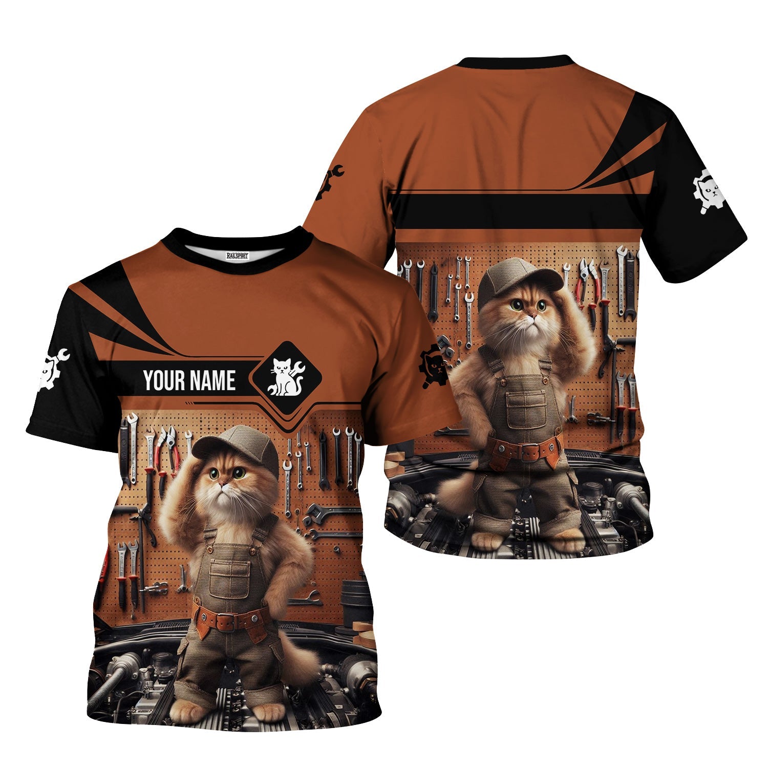Blisscorners Custom Name Funny Mechanic Cat Wearing Uniform Shirt All Over Printed Mechanic T Shirt