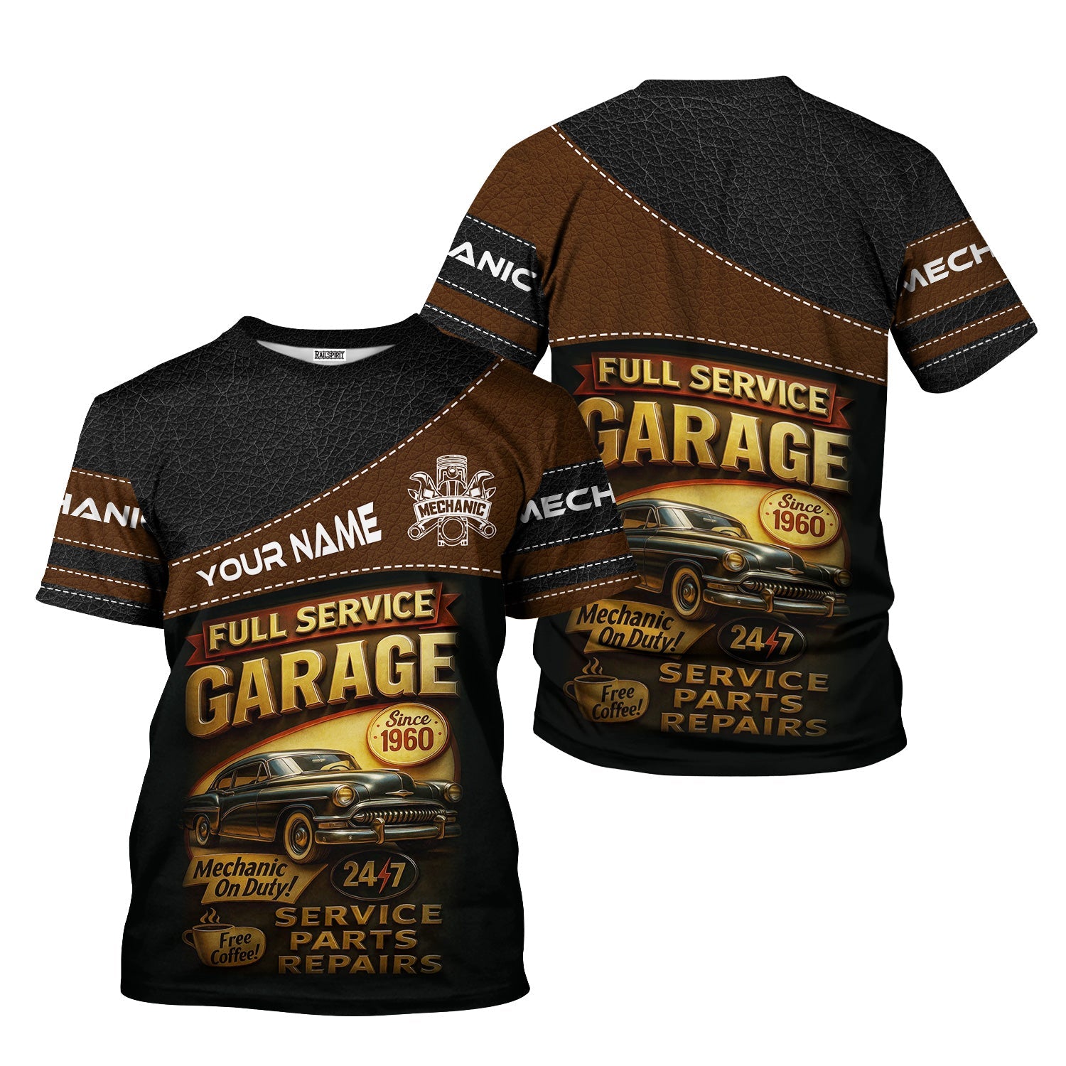 Blisscorners Personalized Mechanic Shirt, Full Service Garage Mechanic On Duty, Leather Printed Design, Custom Year, Gift For Men