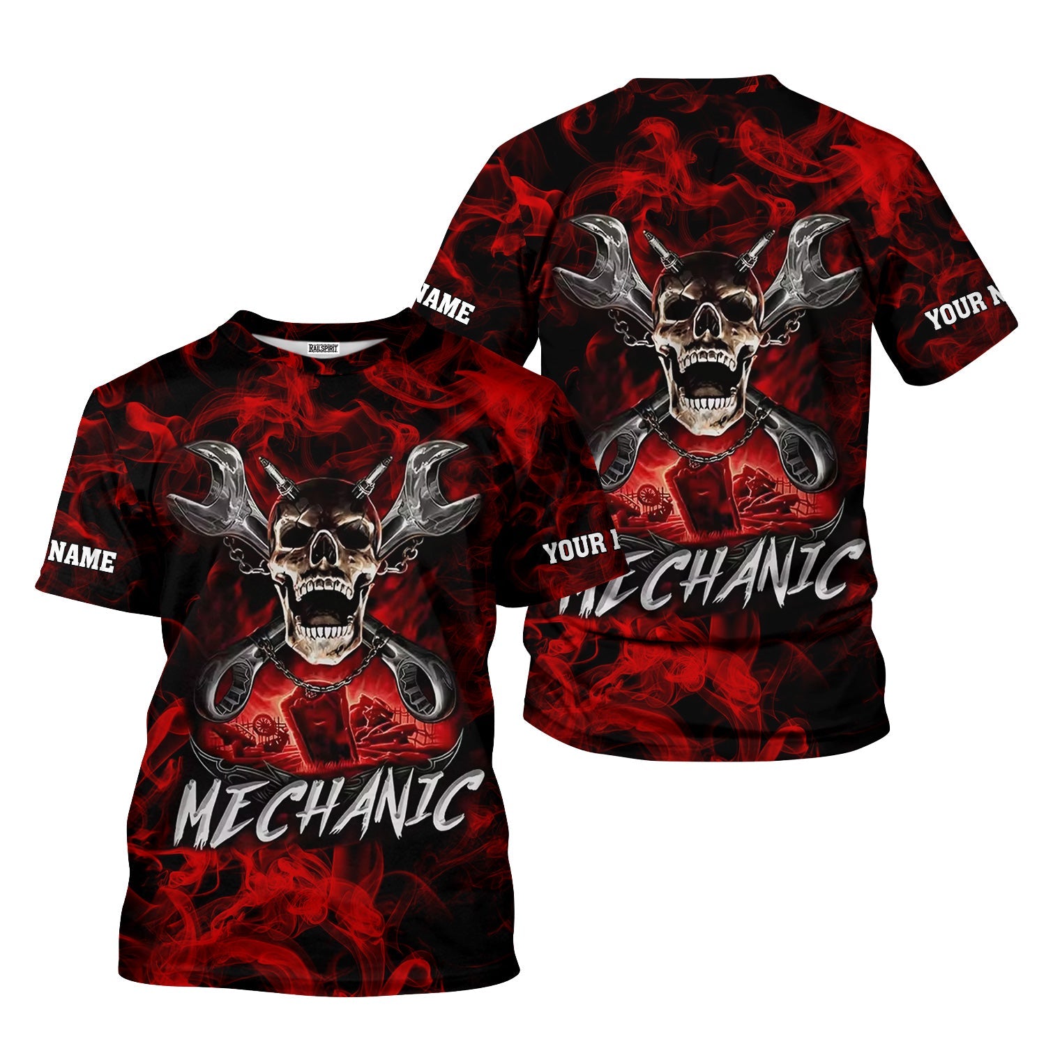 Blisscorners Custom Name Skull Wrench Cross Mechanic Shirt Smoking Style Printed Jacket Hoodie All Over Print