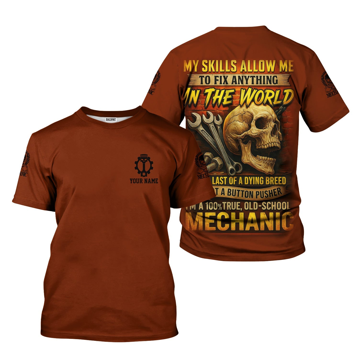Blisscorners Personalized Mechanic Shirt, My Skills Allow Me To Fix Anything In The World, Skull and Wrench Design, Gift For Men