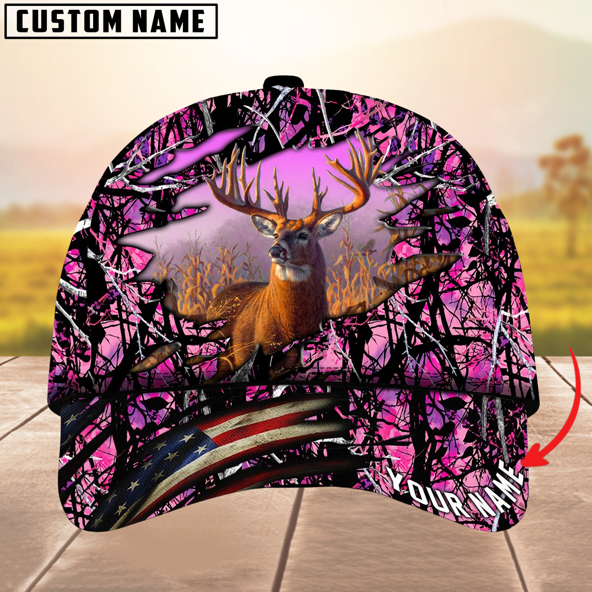 Blisscorners Deer Hunting USA Flag Crack Camouflage Pattern Multicolor Personalized Name 3D Cap