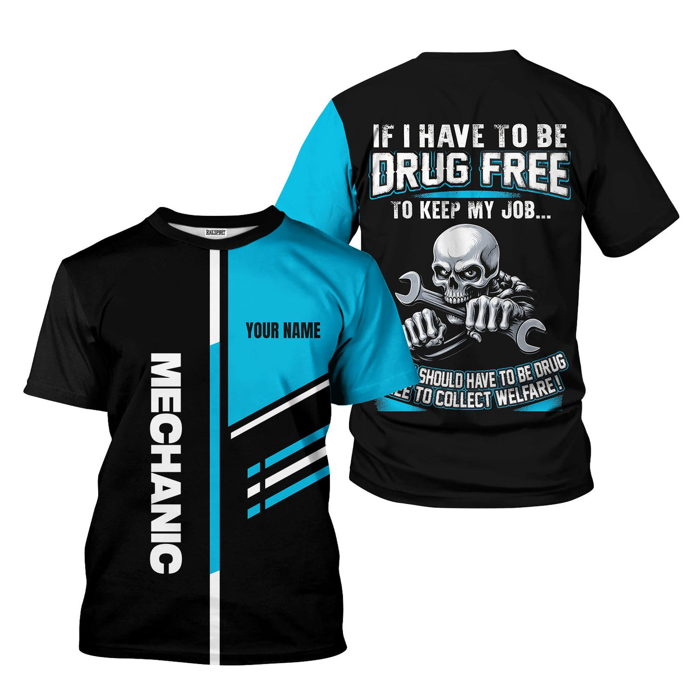 Blisscorners Personalized Mechanic Shirt, Drug Free Job Quote, Custom Name Shirt, Cool Skull Design, Funny Work Apparel, Gift for Mechanics