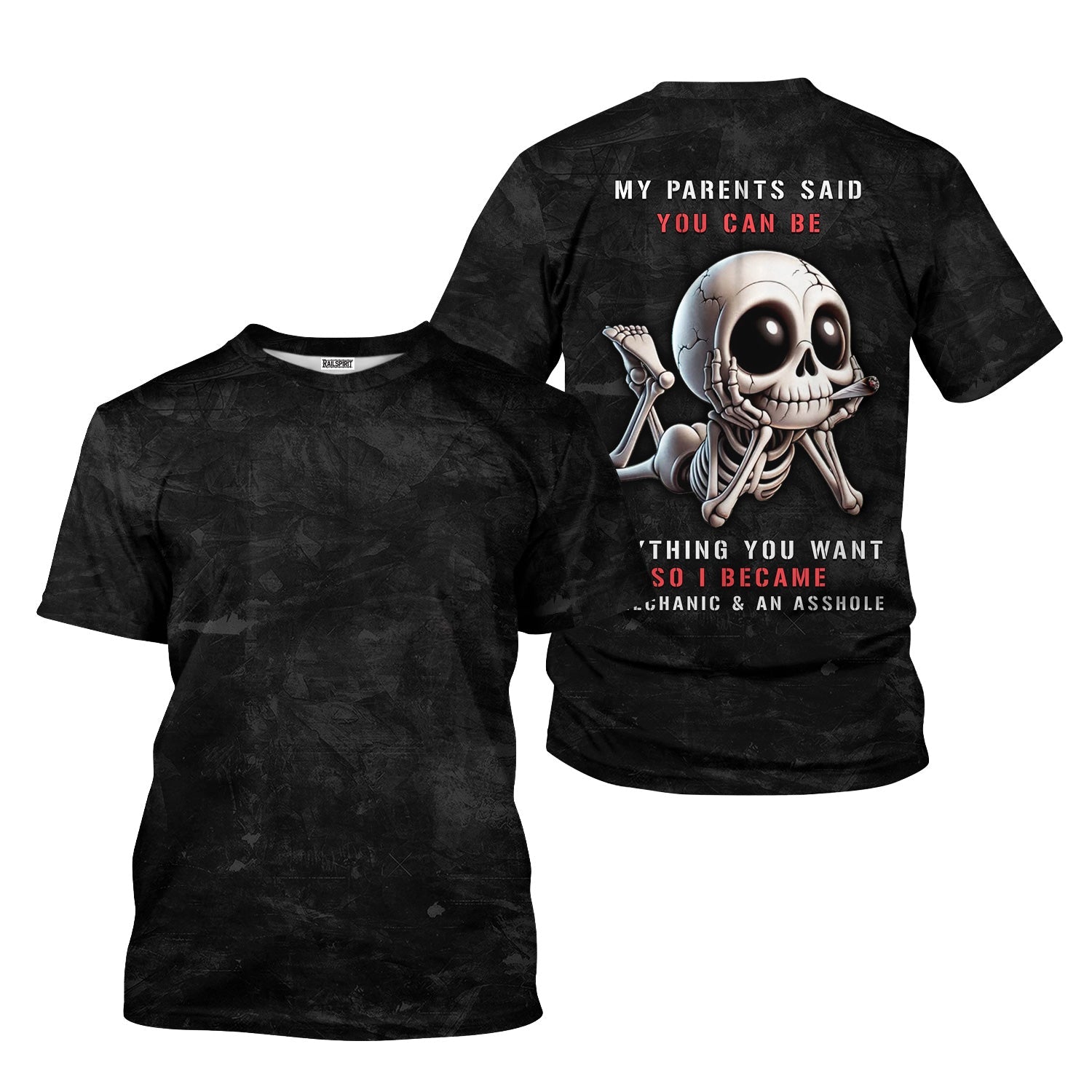 Blisscorners Funny Skeleton Mechanic Shirt, My Parents Said I Can Be Anything Unique Humor Apparel for Mechanics and Rebels, Funny Gift for Men