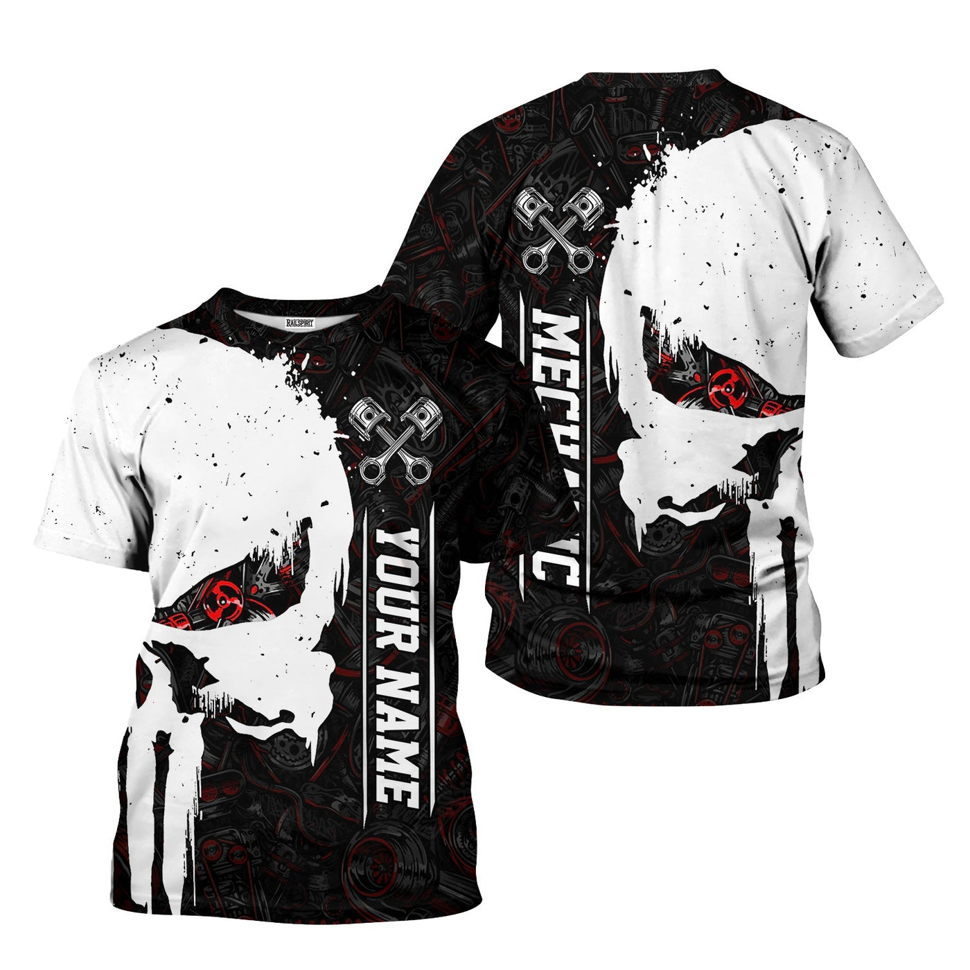 Blisscorners Personalized Mechanic Skull Shirt, Unique Gear Design, Gift for Mechanics & Motorheads, Funny Skull Shirt