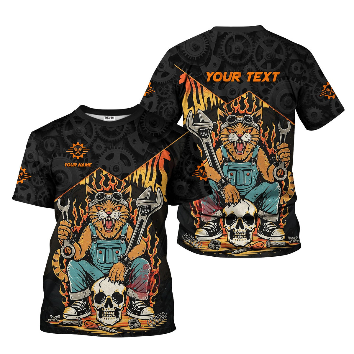 Blisscorners Personalized Mechanic Shirt Custom Name Funny Cat Skull Wrench Flames Auto Repair Garage Workwear Tee Car Repair Shirt Gift For Men Dad