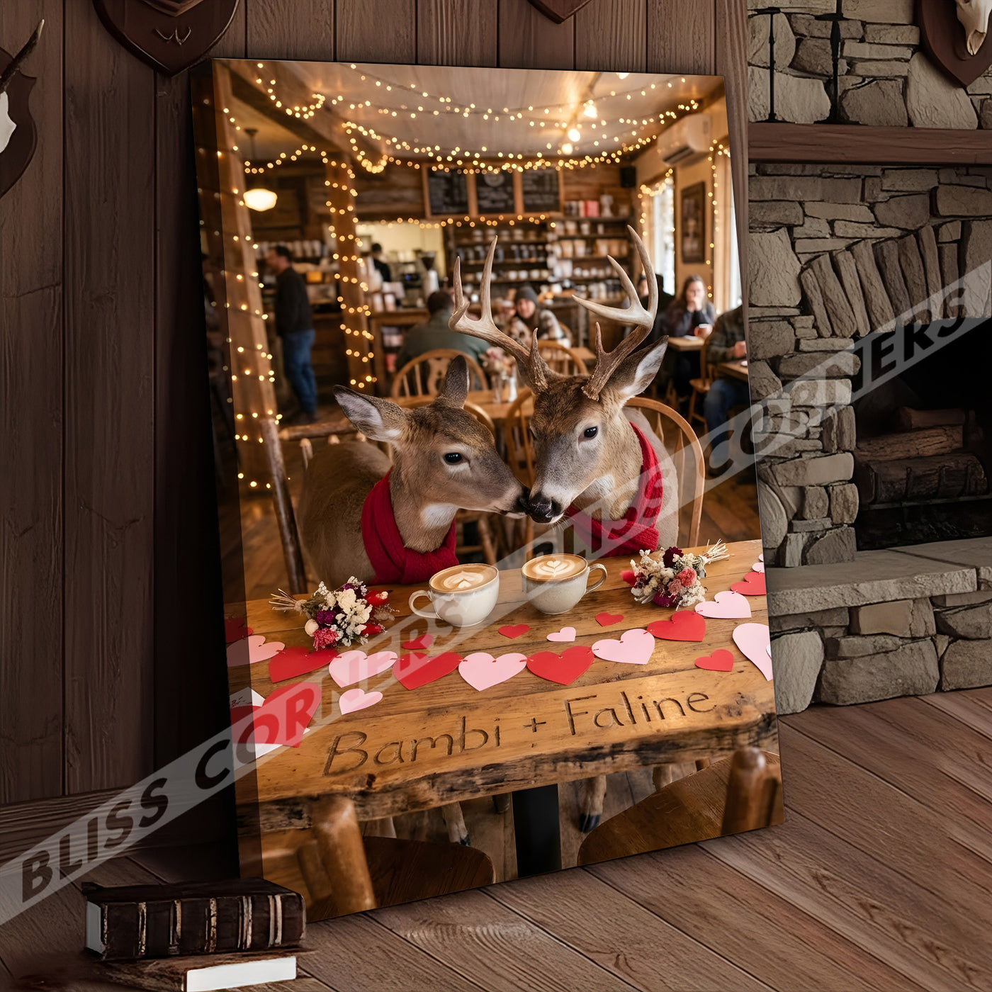 Blisscorners Deer Couple Coffee Date Rustic Café Personalized Name Canvas