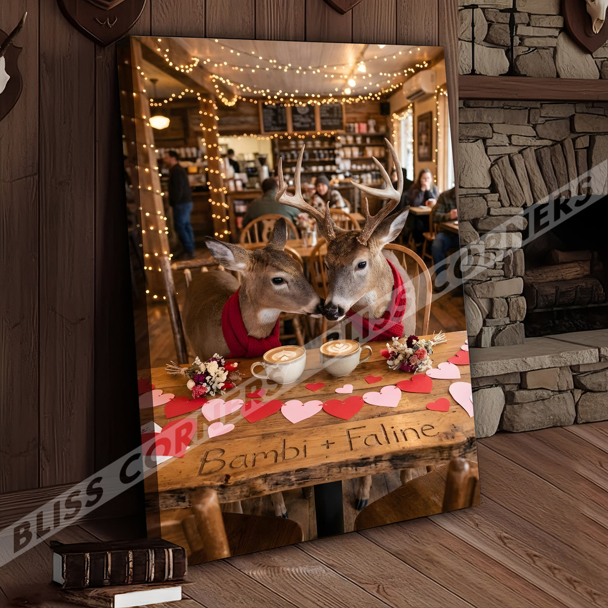 Blisscorners Deer Couple Coffee Date Rustic Café Personalized Name Canvas