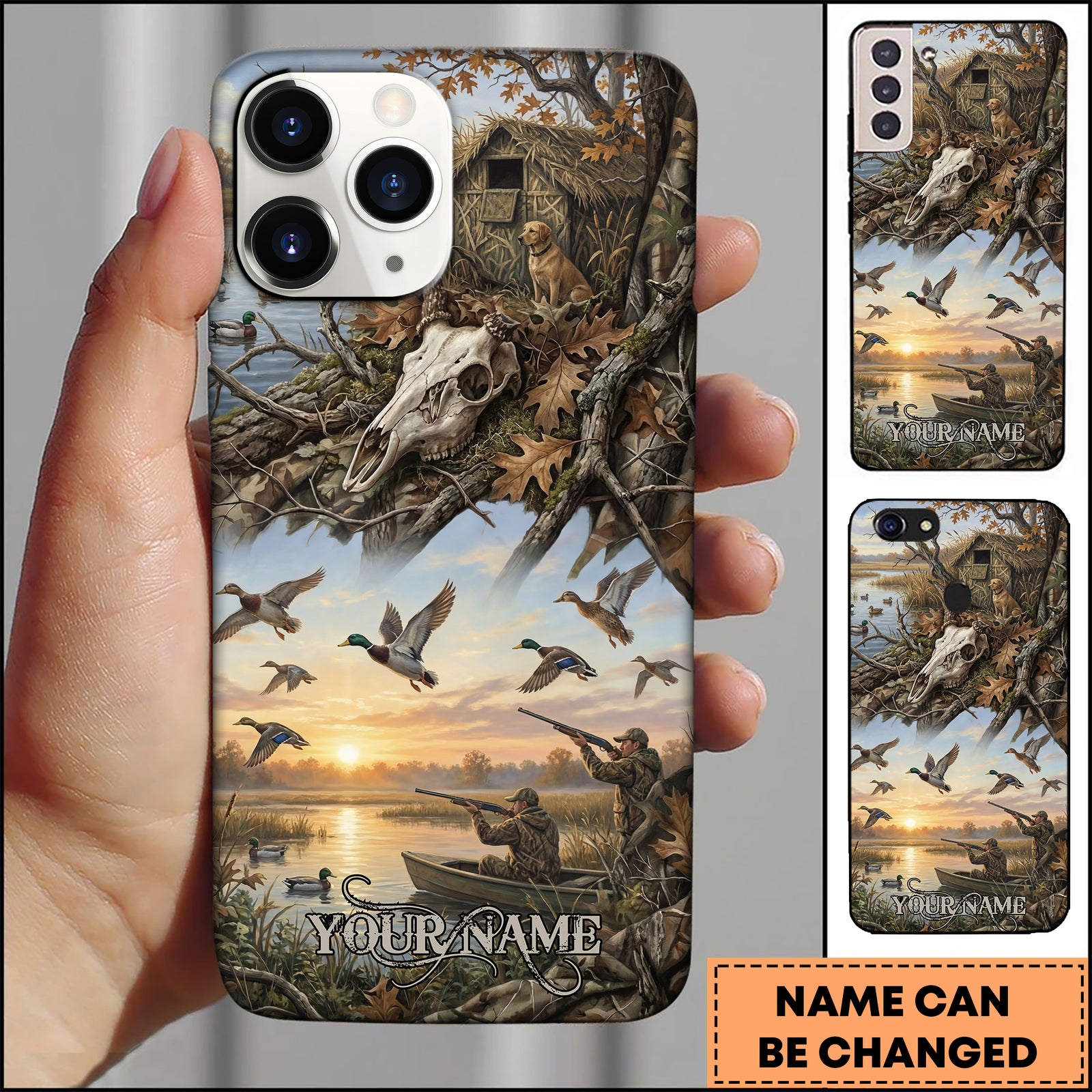 Blisscorners Artist Hunting Duck Dog Blind Sunrise Scene Vintage Art Personalized Name Phone Case