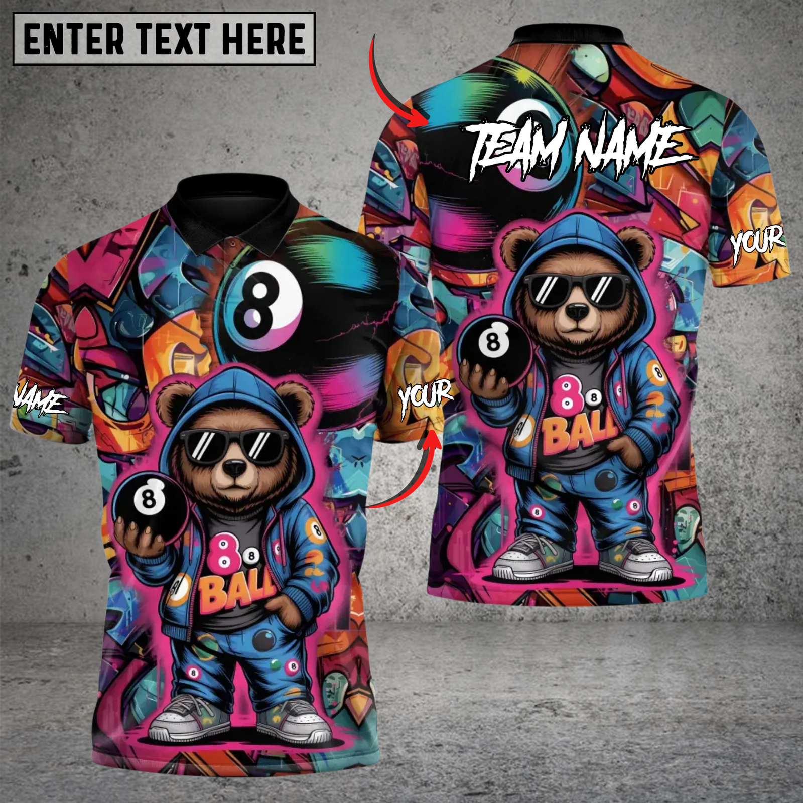 Blisscorners 8-Ball Graffiti Cue Bear Multicolor Customized Name, Team Name 3D Shirts