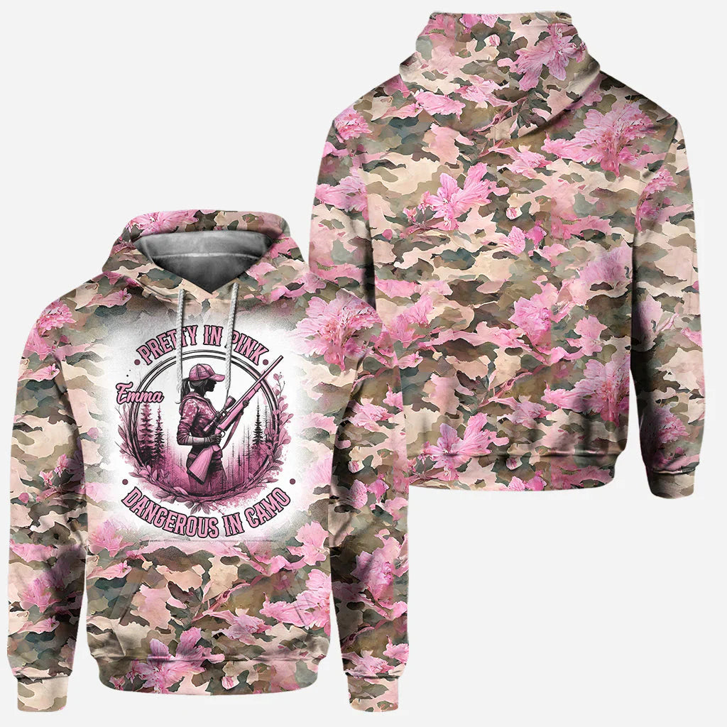 Blisscorners Pretty in Pink Dangerous in Camo, Personalized Hunting All Over Shirt, Personalized 3D Hoodie For Hunting Lover