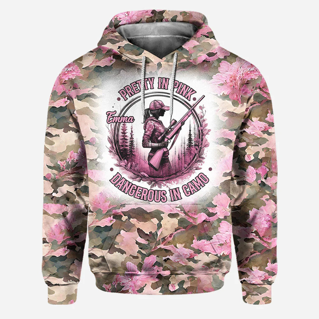 Blisscorners Pretty in Pink Dangerous in Camo, Personalized Hunting All Over Shirt, Personalized 3D Hoodie For Hunting Lover