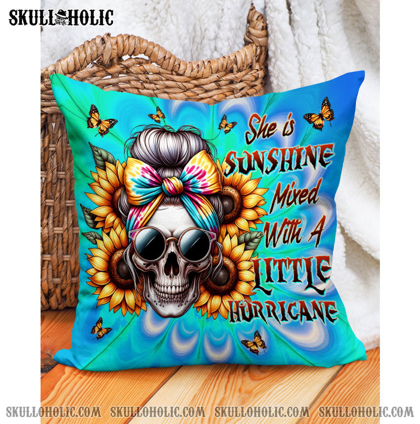 BLISSCORNERS PERSONALIZED SHE IS SUNSHINE SKULL MESSY BUN TIE DYE PILLOW