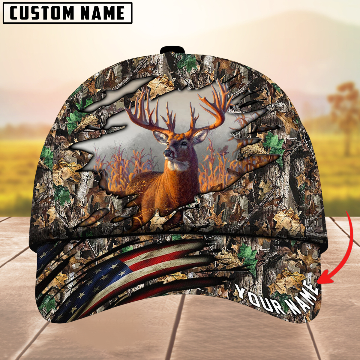 Blisscorners Deer Hunting USA Flag Crack Camouflage Pattern Multicolor Personalized Name 3D Cap