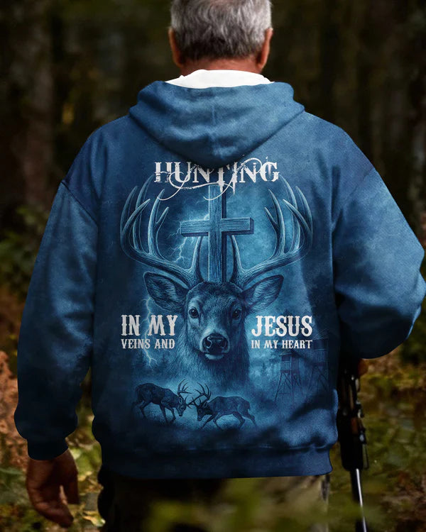 Blisscorners I've Got Hunting In My Veins And Jesus In My Heart Blue Shirt, Personalized Hunting 3D Shirt