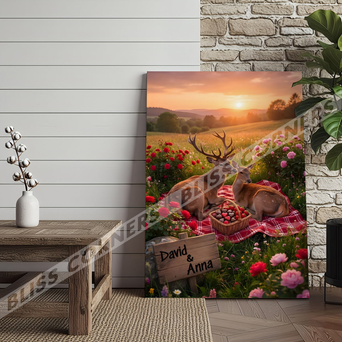 Blisscorners Romantic Deer Couple Sunset Picnic Personalized Name Canvas
