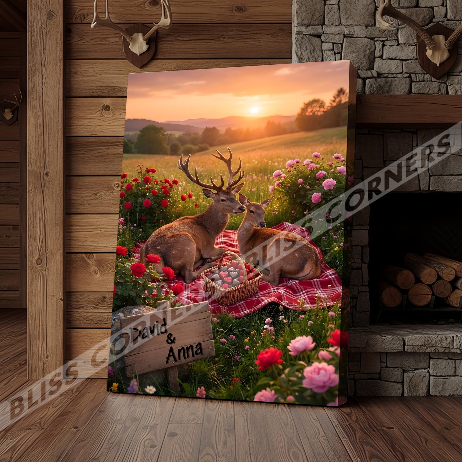 Blisscorners Romantic Deer Couple Sunset Picnic Personalized Name Canvas