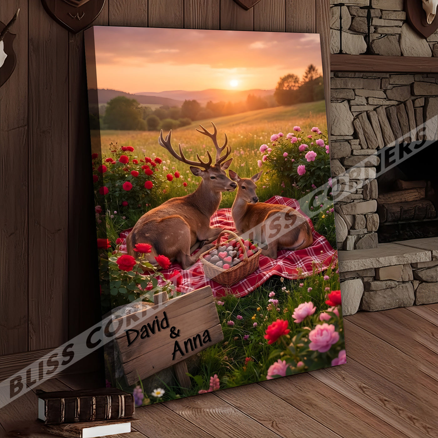 Blisscorners Romantic Deer Couple Sunset Picnic Personalized Name Canvas