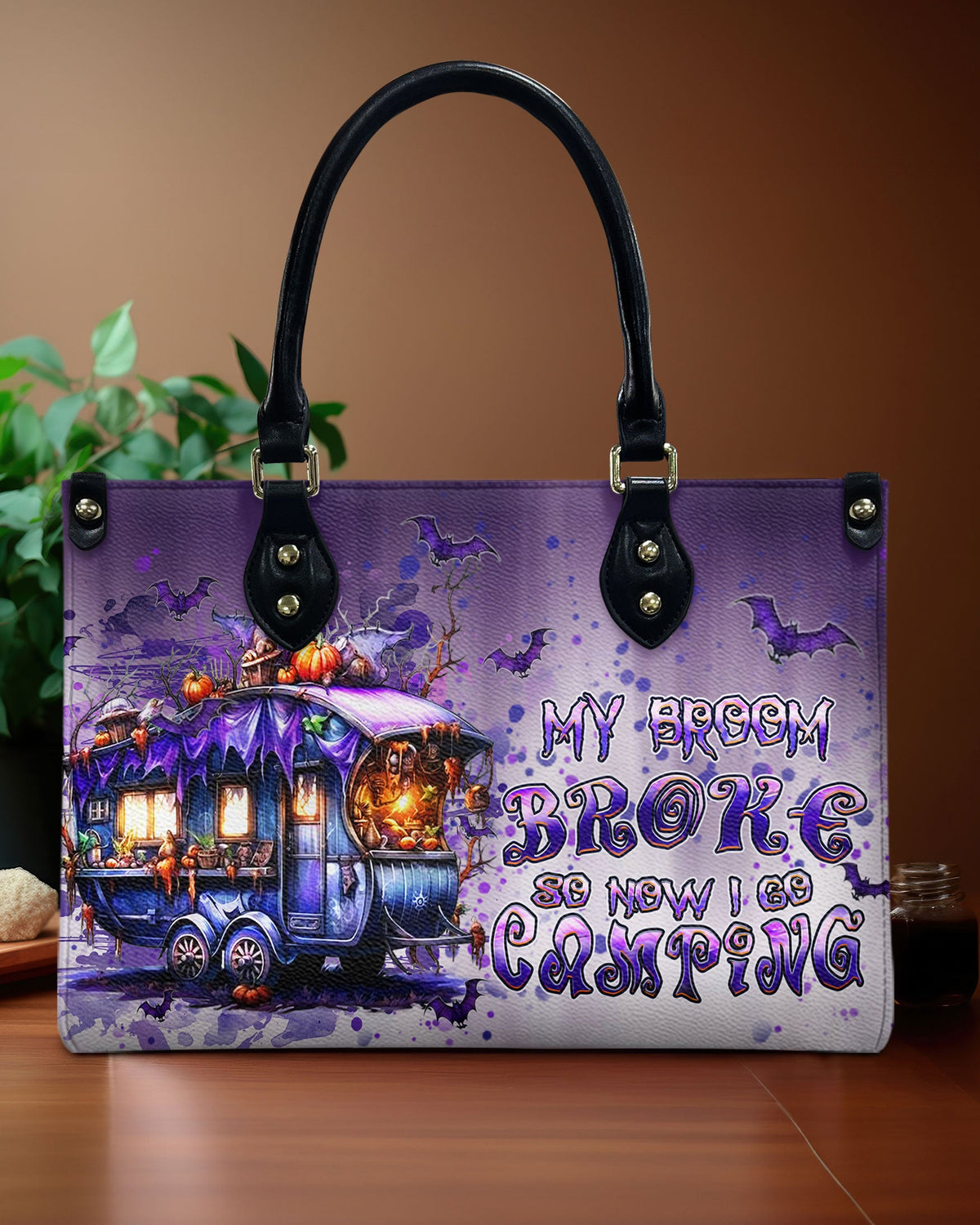BLISSCORNERS MY BROOM BROKE CAMPING HALLOWEEN LEATHER HANDBAG