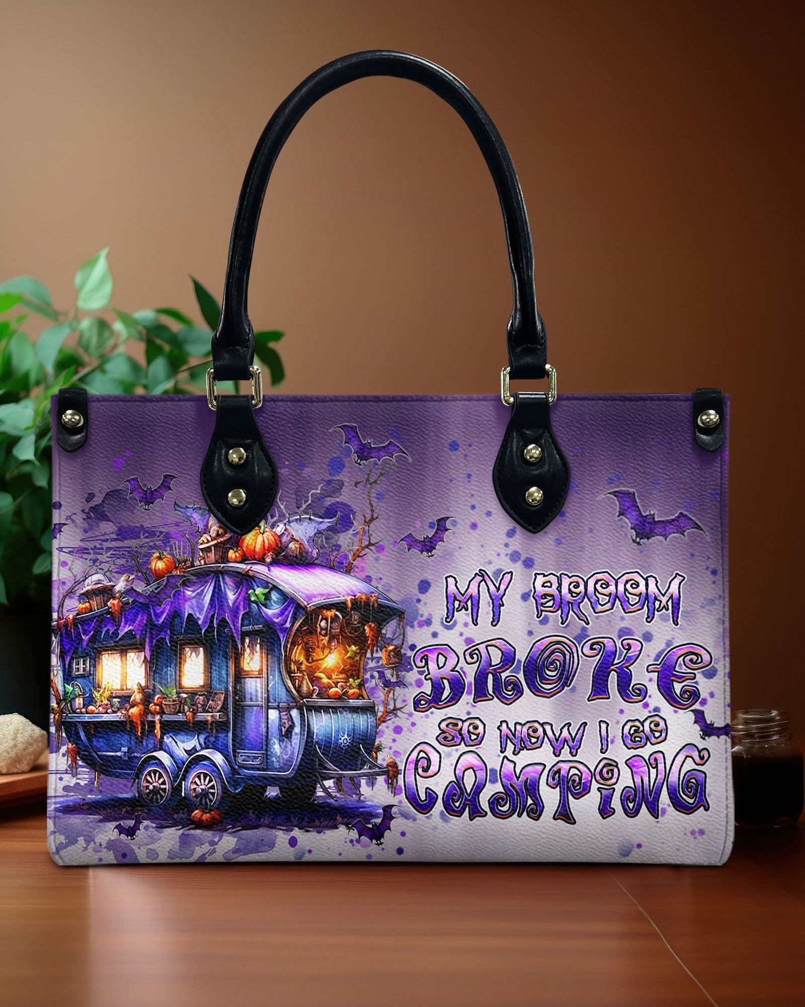 BLISSCORNERS MY BROOM BROKE CAMPING HALLOWEEN LEATHER HANDBAG