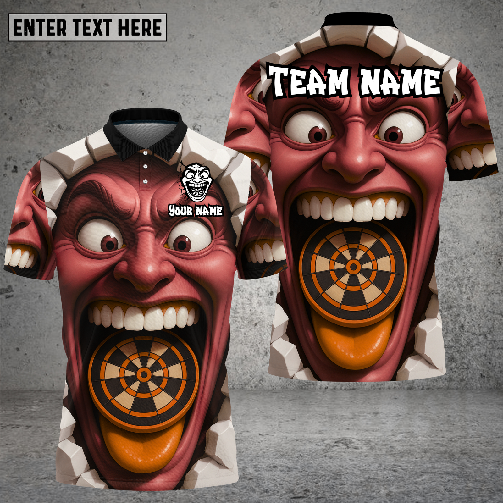 Blisscorners Demon Darts Shirt Crazy Screaming Face with Mouth Dartboard Multioptions Personalized Name, Team Name Unisex 3D Shirt (4 Colors)