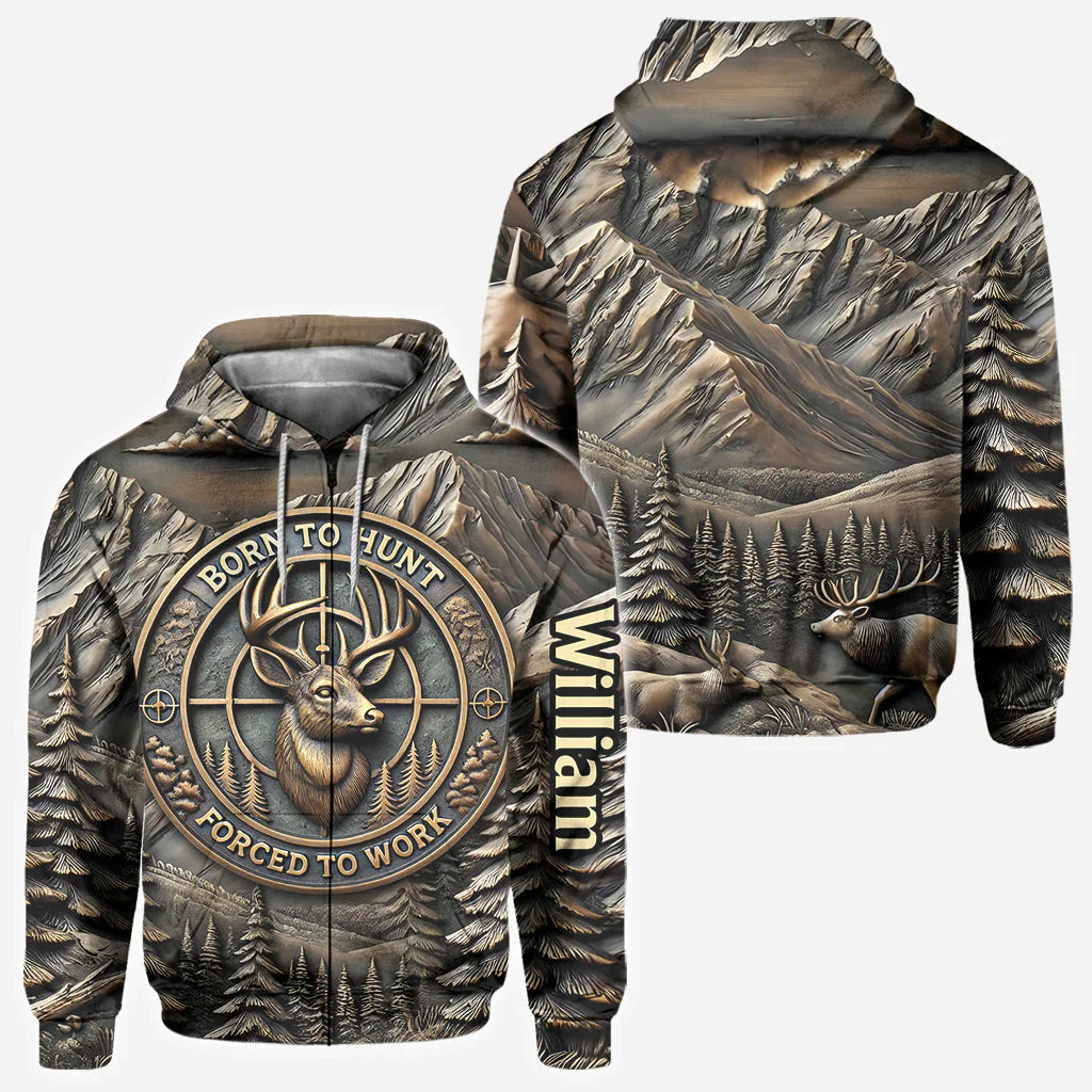 Blisscorners Born To Hunt Forced To Work, Personalized Hunting All Over Shirt, Personalized 3D Hoodie For Hunting Lover