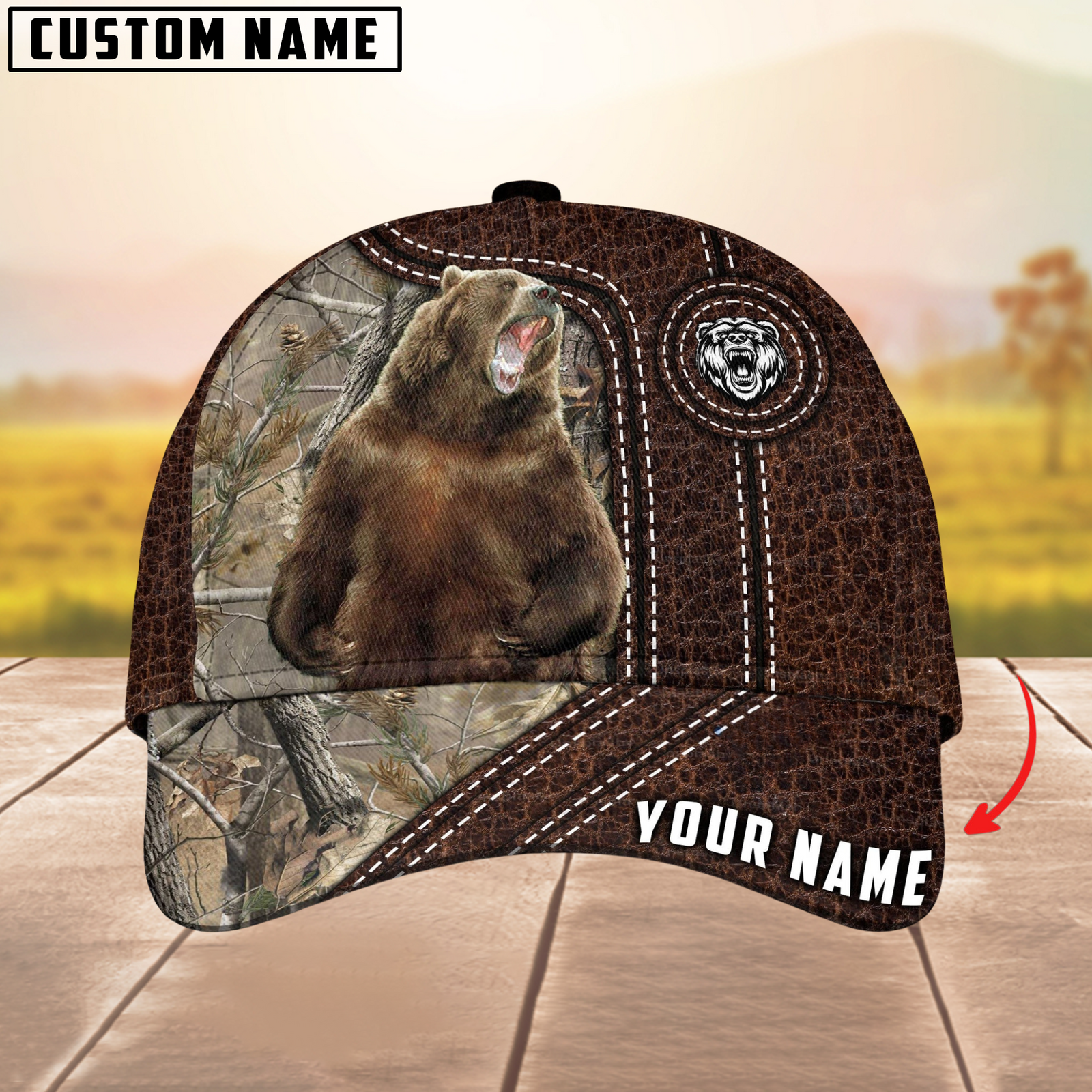 Blisscorners Bear Hunting Premium Leather Pattern Mutilcolored Personalized Name 3D Cap