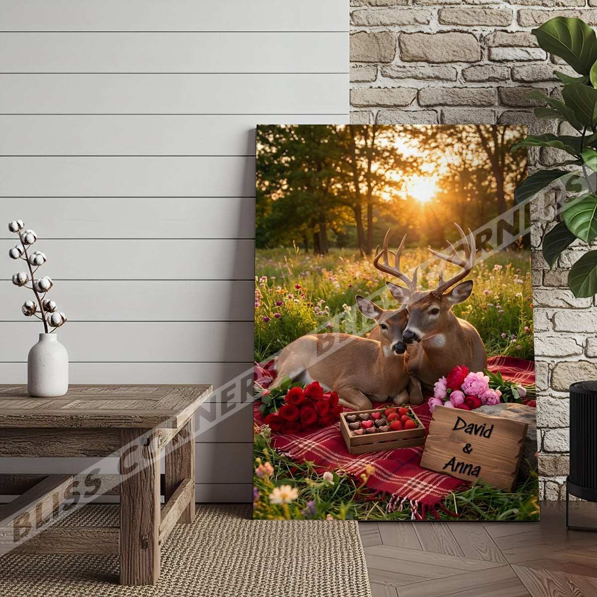 Blisscorners Loving Deer Couple Meadow Sunset Personalized Name Canvas