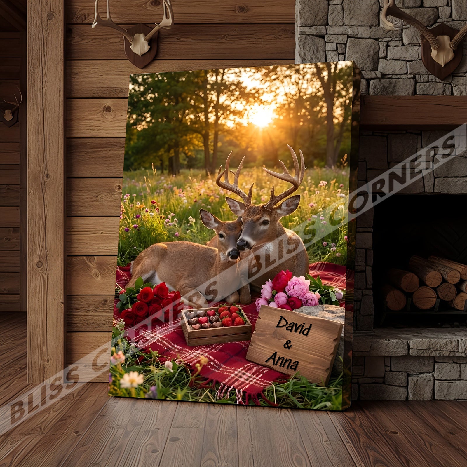 Blisscorners Loving Deer Couple Meadow Sunset Personalized Name Canvas